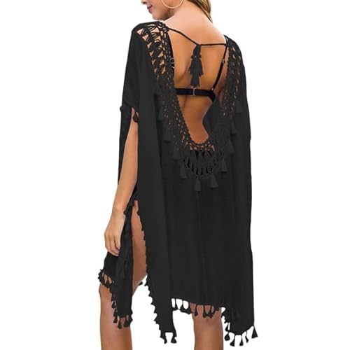 Baynetin Damen Strandkleid Bikini Cover Up Sommer Strandponcho Strandurlaub Badeanzug V-Ausschnitt Beachwear Bikini Cover-Ups (Schwarz) von Baynetin