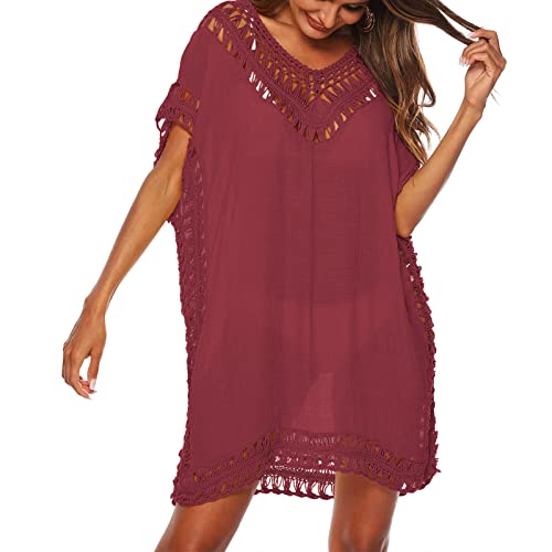 Baynetin Damen Strandkleid Bikini Cover Up Sommer Strandponcho Strandurlaub Badeanzug V-Ausschnitt Beachwear Bikini Cover-Ups (Weinrot) von Baynetin