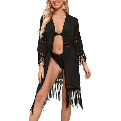 Baynetin Damen Strandkleid Einteiliger Strickjacke Top Bikini Cover Up Badeanzug Bedecken Sommer Beach Kleid Quaste vorne offen Ausgehöhlt Lockere Freizeit Resort (Schwarz, M) von Baynetin