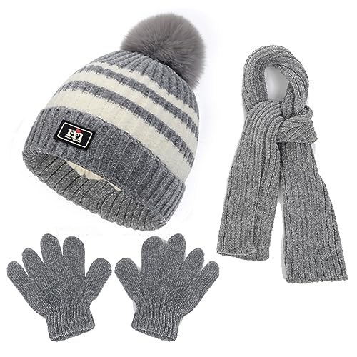 Baynetin Kinder Pom Mütze Schal Handschuhe Set,Warme Streifen Beanie Wintermütze Lange Schal und Handschuhe Set für 2-8 Jahre Jungen Mädchen Winter Accessoires Sets Outdoor Sport (Grau) von Baynetin