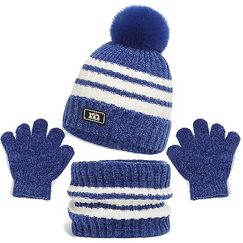 Baynetin Kinder Pom Mütze Schal Handschuhe Set,Warme Streifen Beanie Wintermütze Runder Schal und Handschuhe Set für 2-8 Jahre Jungen Mädchen Winter Accessoires Sets Outdoor Sport (Blau) von Baynetin