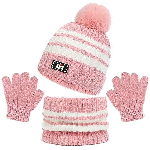 Baynetin Kinder Pom Mütze Schal Handschuhe Set,Warme Streifen Beanie Wintermütze Runder Schal und Handschuhe Set für 2-8 Jahre Jungen Mädchen Winter Accessoires Sets Outdoor Sport (Rosa) von Baynetin