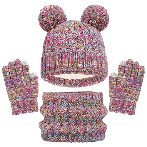 Baynetin Kinder Wintermütze Schal Handschuhe Mädchen Set,Winter Beanie Hut, Schal, Handschuhe Set, Warme Beanie Hut Jungen Touchscreen Handschuhe Runder Schal für Kinder 2-8 Jahre (Irisierend) von Baynetin