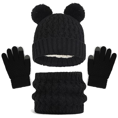 Baynetin Kinder Wintermütze, Schal und Handschuhe Set - Warme Beanie Hut für Jungen und Mädchen Mit Touchscreen Handschuhen und Rundem Schal - 2-8 Jahre (Schwarz) von Baynetin