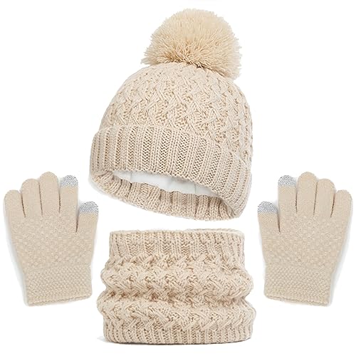 Baynetin Kinder Wintermütze Schal Handschuhe Set, 3 Stück Mädchen Warme Pompom Beanie Hut Touchscreen Handschuhe Runder Schal Set mit Fleece Gefüttert für Jungen Mädchen 2-8 Jahre (Beige) von Baynetin