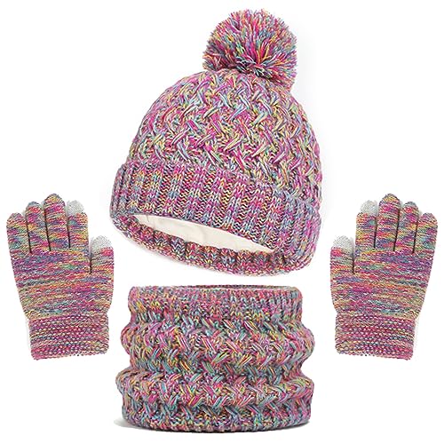 Baynetin Kinder Wintermütze Schal Handschuhe Set, 3 Stück Mädchen Warme Pompom Beanie Hut Touchscreen Handschuhe Runder Schal Set mit Fleece Gefüttert für Jungen Mädchen 2-8 Jahre (Irisierend) von Baynetin