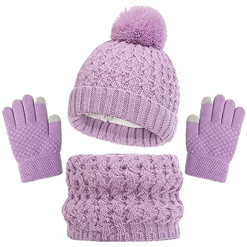 Baynetin Kinder Wintermütze Schal Handschuhe Set, 3 Stück Mädchen Warme Pompom Beanie Hut Touchscreen Handschuhe Runder Schal Set mit Fleece Gefüttert für Jungen Mädchen 2-8 Jahre (Lila) von Baynetin