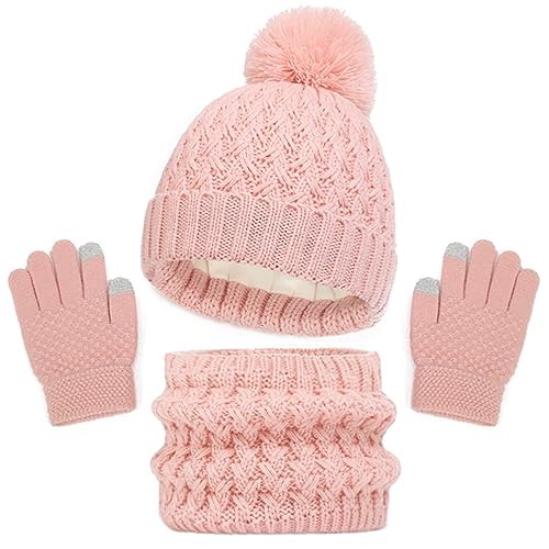 Baynetin Kinder Wintermütze Schal Handschuhe Set, 3 Stück Mädchen Warme Pompom Beanie Hut Touchscreen Handschuhe Runder Schal Set mit Fleece Gefüttert für Jungen Mädchen 2-8 Jahre (Rosa) von Baynetin