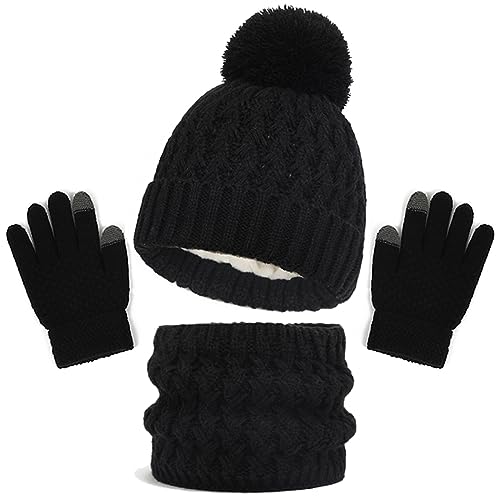 Baynetin Kinder Wintermütze Schal Handschuhe Set, 3 Stück Mädchen Warme Pompom Beanie Hut Touchscreen Handschuhe Runder Schal Set mit Fleece Gefüttert für Jungen Mädchen 2-8 Jahre (Schwarz) von Baynetin