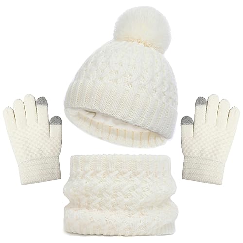 Baynetin Kinder Wintermütze Schal Handschuhe Set, 3 Stück Mädchen Warme Pompom Beanie Hut Touchscreen Handschuhe Runder Schal Set mit Fleece Gefüttert für Jungen Mädchen 2-8 Jahre (Weiß) von Baynetin