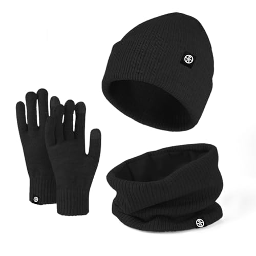 Baynetin Mütze Schal & Handschuh-Sets 3in1 Unisex BeanieMütze Touchscreen Handschuhe und Loop Schal Set mit Weiches Fleecefutter für Outdoor Sport Joggen Skifahren (Schwarz) von Baynetin