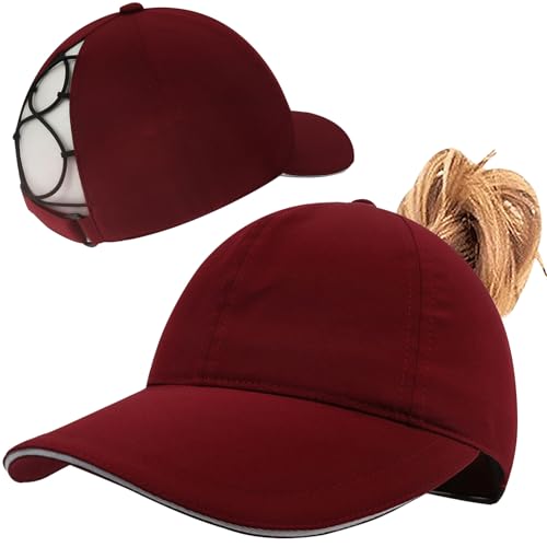 Baynetin Pferdeschwanz Baseballkappe Damen Sommer Einstellbare Schnell Trocknende Atmungsaktiv Baseballmütze Unisex Criss Cross Hüte Sport Mütze (Rotwein) von Baynetin