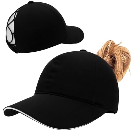 Baynetin Pferdeschwanz Baseballkappe Damen Sommer Einstellbare Schnell Trocknende Atmungsaktiv Baseballmütze Unisex Criss Cross Hüte Sport Mütze (Schwarz) von Baynetin