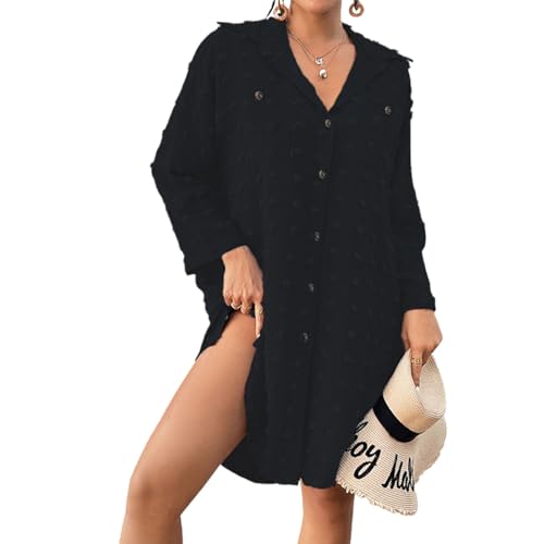 Baynetin Strandkleid Damen Bikini Cover Up V-Ausschnitt Strand Vertuschen Longshirt mit Tasten Sommer Bluse (Schwarz) von Baynetin