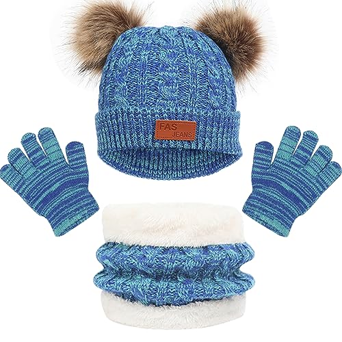 Baynetin Winter Beanie Mütze, Schal und Handschuhe Set - 3 Stück Warme Wintermütze für Mädchen und Jungen - Runder Schal für Kinder 2-8 Jahre Alt (Blau) von Baynetin