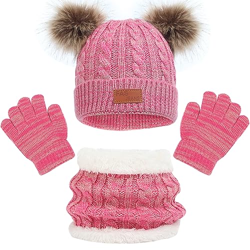Baynetin Winter Beanie Mütze, Schal und Handschuhe Set - 3 Stück Warme Wintermütze für Mädchen und Jungen - Runder Schal für Kinder 2-8 Jahre Alt (Rosa) von Baynetin
