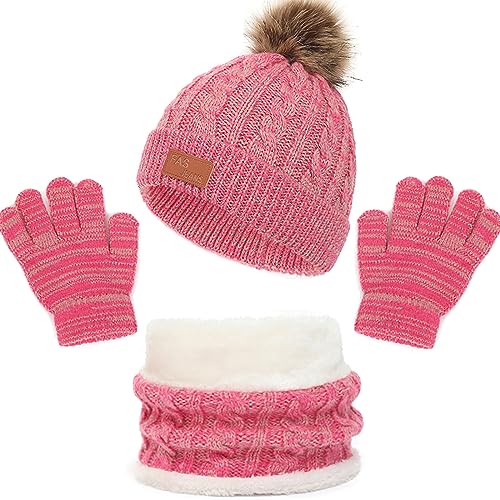 Baynetin Winter Beanie Mütze, Schal, Handschuhe Set 3in1,Kinder Wintermütze Schal Handschuhe Mädchen Set, Baby Warme Beanie Hut Jungen Handschuhe Runder Schal Set für Kinder 2-8Jahre Alt (Rosa) von Baynetin