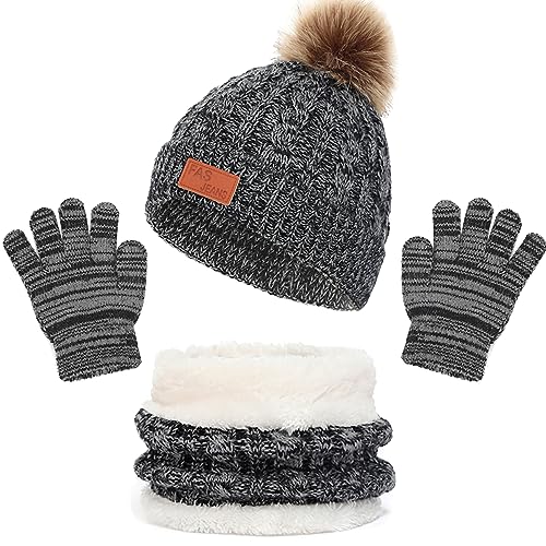 Baynetin Winter Beanie Mütze, Schal, Handschuhe Set 3in1,Kinder Wintermütze Schal Handschuhe Mädchen Set, Baby Warme Beanie Hut Jungen Handschuhe Runder Schal Set für Kinder 2-8Jahre Alt (Schwarz) von Baynetin