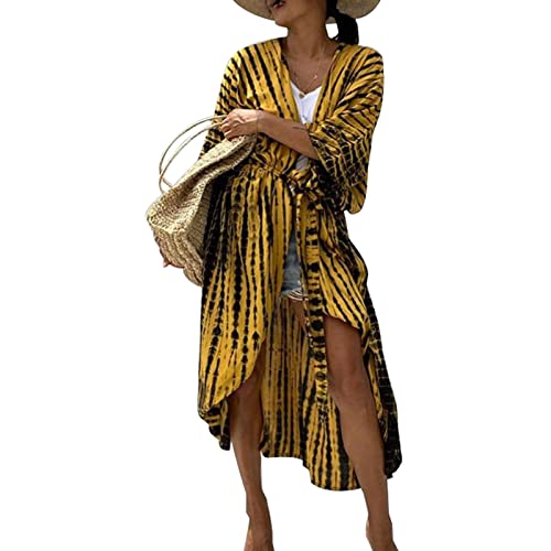 Long Beach Kleid für Frauen, Damen Lose Sommer Pareos, Maxi Strandkleid Boho Kimono Lang Strand Cardigan Beachwear, Front Offen Blumen Bluse Bikini Cover-Up Einheitsgröße (Gelb) von Baynetin