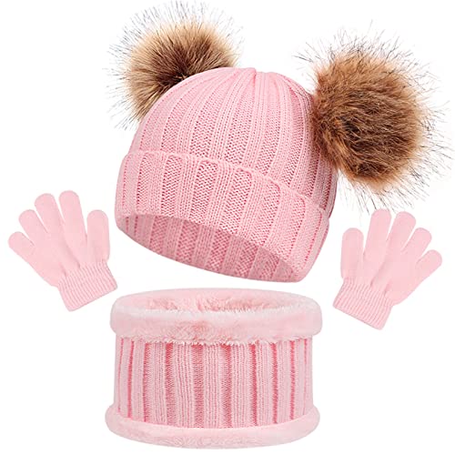 Winter Beanie Hut, Schal, Handschuhe Set - 3 Stück Mädchen Kinder Wintermütze für Jungen und Mädchen 1-6 Jahre Alt (Rosa) von Baynetin