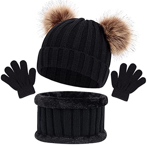 Winter Beanie Hut, Schal, Handschuhe Set - 3 Stück Mädchen Kinder Wintermütze für Jungen und Mädchen 1-6 Jahre Alt (Schwarz) von Baynetin