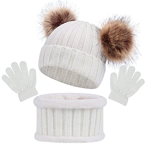 Winter Beanie Hut, Schal, Handschuhe Set - 3 Stück Mädchen Kinder Wintermütze Set - Warme Beanie Hut Jungen Runder Schal für Kinder 1-6 Jahre Alt (Weiß) von Baynetin