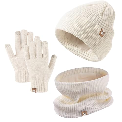 Winter Beanie Hut, Schal, Handschuhe Set für Kinder - Warme Wintermütze Mit Touchscreen Handschuhen und Rundem Schal für 5-12 Jahre (Beige) von Baynetin