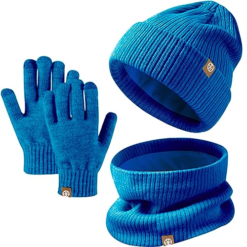 Winter Beanie Hut, Schal, Handschuhe Set,Kinder Wintermütze Schal Handschuhe Set, Mütze Warme Beanie Hut Jungen Touchscreen Handschuhe Runder Schal Set für 5-12 Jahre (Blau) von Baynetin