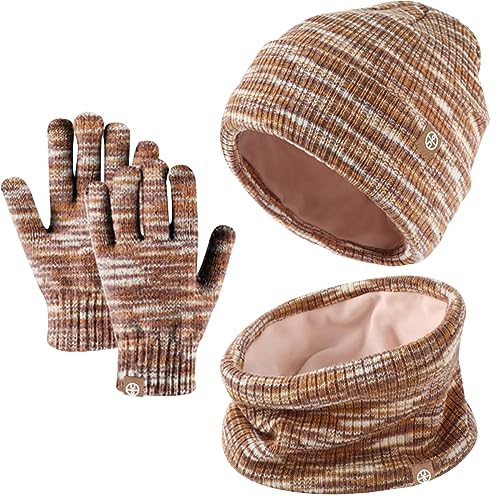 Winter Beanie Hut, Schal, Handschuhe Set,Kinder Wintermütze Schal Handschuhe Set, Mütze Warme Beanie Hut Jungen Touchscreen Handschuhe Runder Schal Set für 5-12 Jahre (Braun-Mischung) von Baynetin