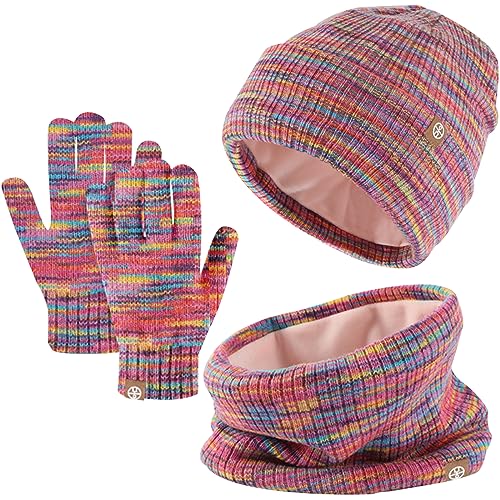 Winter Beanie Hut, Schal, Handschuhe Set für Kinder - Warme Wintermütze Mit Touchscreen Handschuhen und Rundem Schal für 5-12 Jahre (Farbmischung) von Baynetin