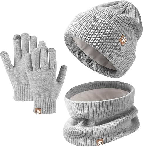 Winter Beanie Hut, Schal, Handschuhe Set für Kinder - Warme Wintermütze Mit Touchscreen Handschuhen und Rundem Schal für 5-12 Jahre (Grau) von Baynetin