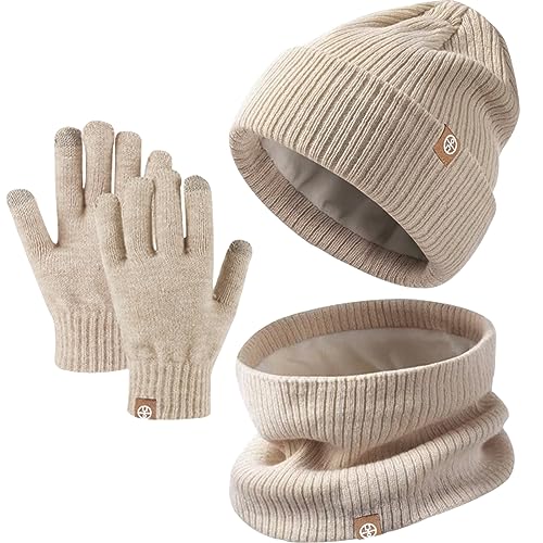 Winter Beanie Hut, Schal und Handschuhe Set - Kinder Wintermütze für 5-12 Jahre - Warme Mütze, Touchscreen Handschuhe, Runder Schal (Khaki) von Baynetin