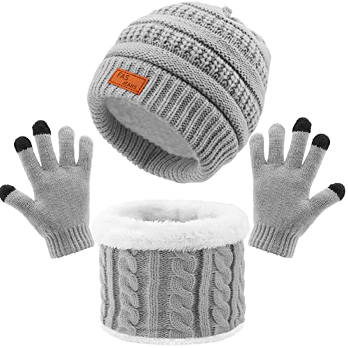 Winter Strickmütze Mütze Schal Handschuhe Set 3 in 1, Verdicken Thermisch Strickmütze Mütze, Schal, Touchscreen Handschuhe Sets, Winterzubehör-Sets Geschenke für Kinder im Freien (A2-10Grau, L) von Baynetin