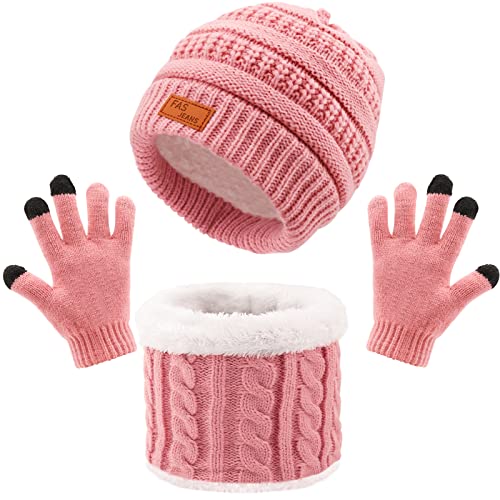 Winter Strickmütze Mütze Schal Handschuhe Set 3 in 1, Verdicken Thermisch Strickmütze Mütze, Schal, Touchscreen Handschuhe Sets, Winterzubehör-Sets Geschenke für Kinder im Freien (A2-10Leder Rosa, L) von Baynetin