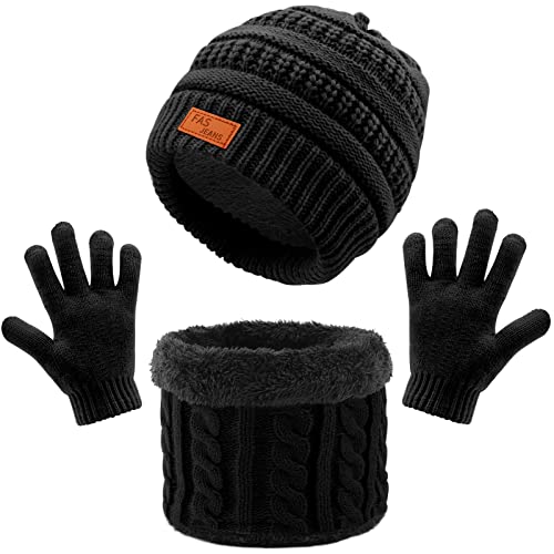 Winter Strickmütze Mütze Schal Handschuhe Set 3 in 1, Verdicken Thermisch Strickmütze Mütze, Schal, Touchscreen Handschuhe Sets, Winterzubehör-Sets Geschenke für Kinder im Freien (A2-10Schwarz, L) von Baynetin
