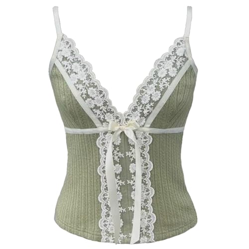 Coquette Ästhetisches Camisole Spaghettiträger Tiefer V-Ausschnitt Spitze Patchwork Gestrickt Skinny Crop Tank Top Vintage 90er Jahre, Hellgrün, Klein von Baynoyia
