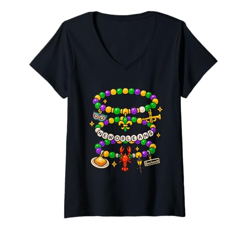 Damen New Orleans Freundschaftsarmband Mardi Farben T-Shirt mit V-Ausschnitt von Bayou Beadworks