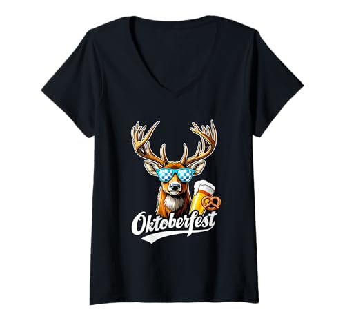 Damen Hirsch mit Bier und Brezel Oktoberfest T-Shirt mit V-Ausschnitt Damen Hirsch mit Bier und Brezel Oktoberfest T-Shirt mit V-Ausschnitt von Bayrische Fahne Oktoberfest München