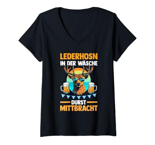 Damen Lederhosn Hirsch Oktoberfest T-Shirt mit V-Ausschnitt Damen Lederhosn Hirsch Oktoberfest T-Shirt mit V-Ausschnitt von Bayrisches Volksfest Oktoberfest