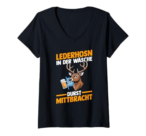 Damen Lederhosn Hirsch Oktoberfest T-Shirt mit V-Ausschnitt Damen Lederhosn Hirsch Oktoberfest T-Shirt mit V-Ausschnitt von Bayrisches Volksfest Oktoberfest