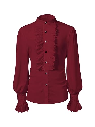 Bbalizko Herren Piraten Vampir Hemd Mittelalter Renaissance Viktorianisches Kostüm Rüschen Steampunk Gothic Halloween Cosplay Tops, Rot/Ausflug, einfarbig (Getaway Solids), L von Bbalizko