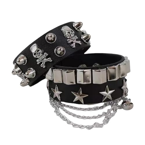 Punk Armbänder – Wickelarmband mit breiter Kette mit Totenkopf und Stern | Geisterkopfarmband, Punk Rock Armbänder mit Schnalle aus PU-Leder aus Metall mit Plektren für Zubehör von Bbbabeslk
