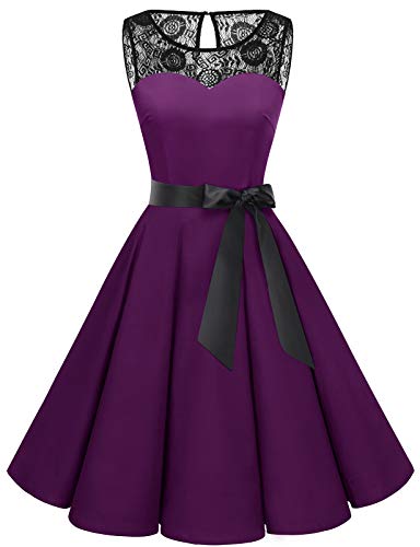 Bbonlinedress Cocktailkleid Damen festliches Kleid 1950er Ärmellos Vintage Retro Spitzenkleid Rundhals Abendkleid Elegant Sommerkleid -1Grape S von Bbonlinedress