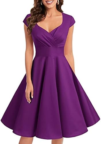 Bbonlinedress Abendkleider elegant für Hochzeit gast festliches Kleid Damen 1950er Vintage Retro Cocktailkleid Rockabilly V-Ausschnitt Faltenrock Brautjungfer Kleid Grape M von Bbonlinedress