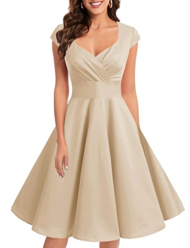 Bbonlinedress Abendkleider elegant für Hochzeit gast festliches Kleid Damen 1950er Vintage Retro Rockabilly Kleider V-Ausschnitt Konfirmationskleider Cocktailkleid -1Champagne L von Bbonlinedress