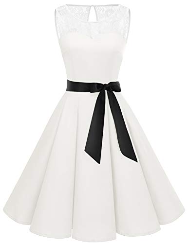 Bbonlinedress Cocktailkleid Damen Kleid Rockabilly Kleider Spitzenkleid Petticoat Kleid Abendkleider Elegant Sommerkleid Weißes Kleid All White S von Bbonlinedress