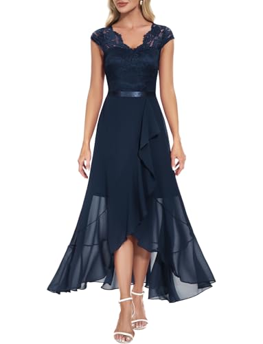 Bbonlinedress Abendkleid elegant für Hochzeit Spitzenkleid Chiffon Kleid Brautkleid Party Abschlusskleid lang Winter Ballkleid Navy 3XL von Bbonlinedress