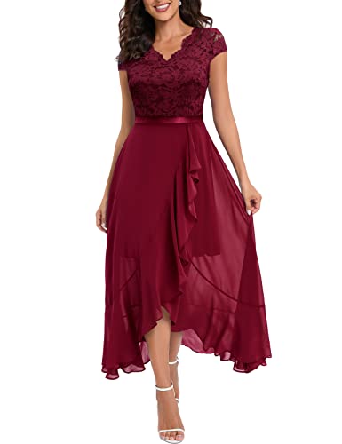 Bbonlinedress Rotes Kleid Damen Abendkleid elegant für Hochzeit Spitze Brautkleid Weihnachtskleid Party Abschlusskleid lang Winter Ballkleid Dark Red 2XL von Bbonlinedress