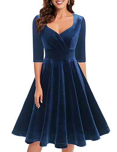 Bbonlinedress Abendkleid elegant für Hochzeit Weihnachtskleider Damen festlich 3/4 arm V-Ausschnitt Langarm samt Kleider Winter Freizeitkleider Navy M von Bbonlinedress