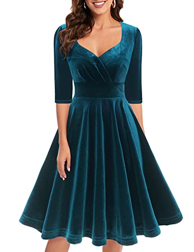 Bbonlinedress Abendkleid elegant für Hochzeit Weihnachtskleider Damen festlich 3/4 arm V-Ausschnitt Langarm samt Kleider Winter Freizeitkleider Turquoise M von Bbonlinedress